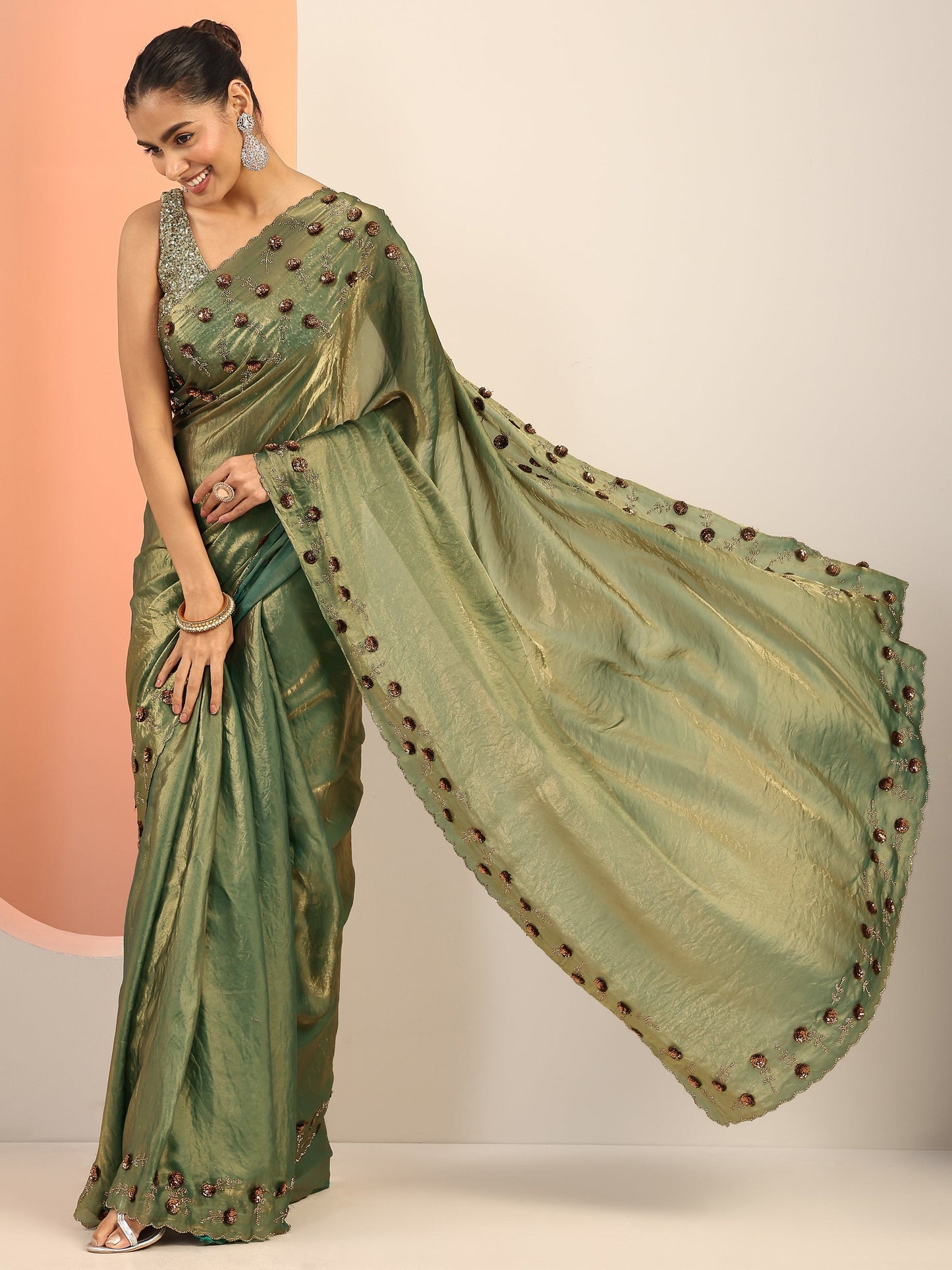 Green Solid Satin Saree With Unstitched Blouse Piece