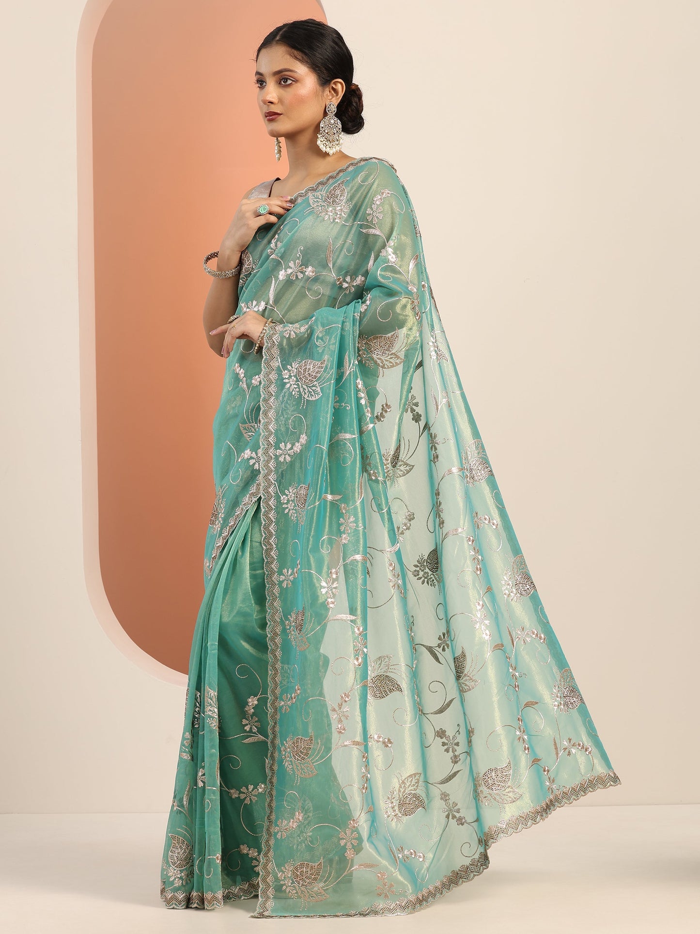 Blue Embroidered Nylon Saree With Unstitched Blouse Piece