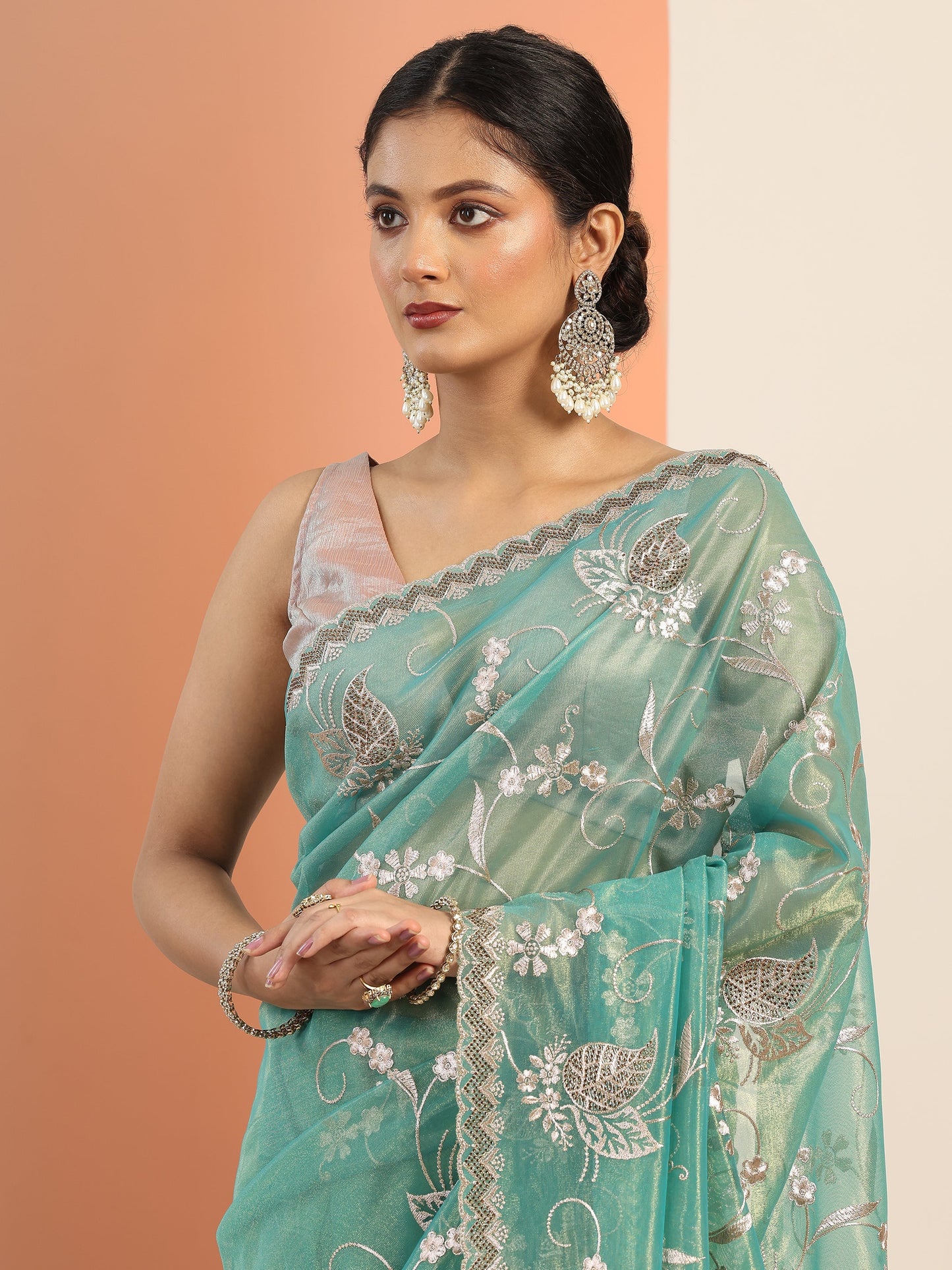 Blue Embroidered Nylon Saree With Unstitched Blouse Piece