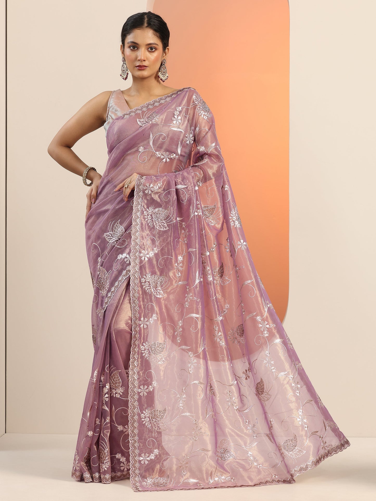 Mauve Embroidered Nylon Saree With Unstitched Blouse Piece