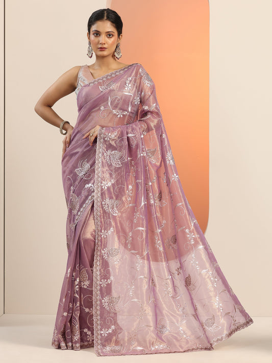 Mauve Embroidered Nylon Saree With Unstitched Blouse Piece
