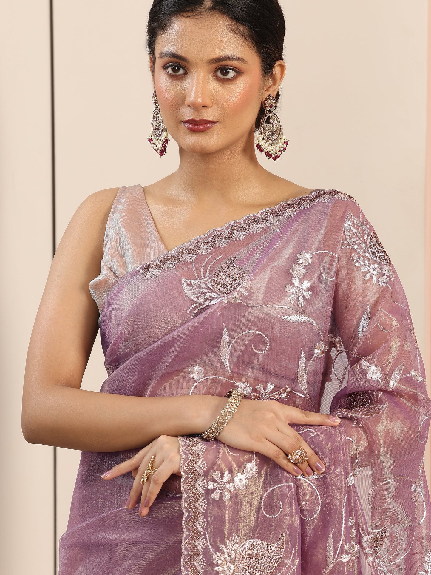 Mauve Embroidered Nylon Saree With Unstitched Blouse Piece