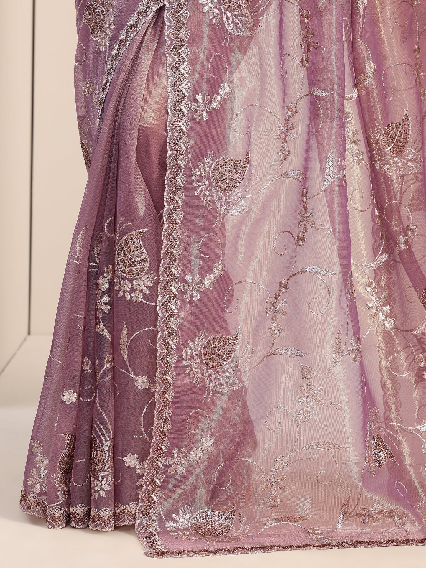 Mauve Embroidered Nylon Saree With Unstitched Blouse Piece