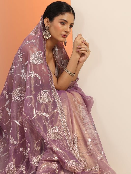 Mauve Embroidered Nylon Saree With Unstitched Blouse Piece