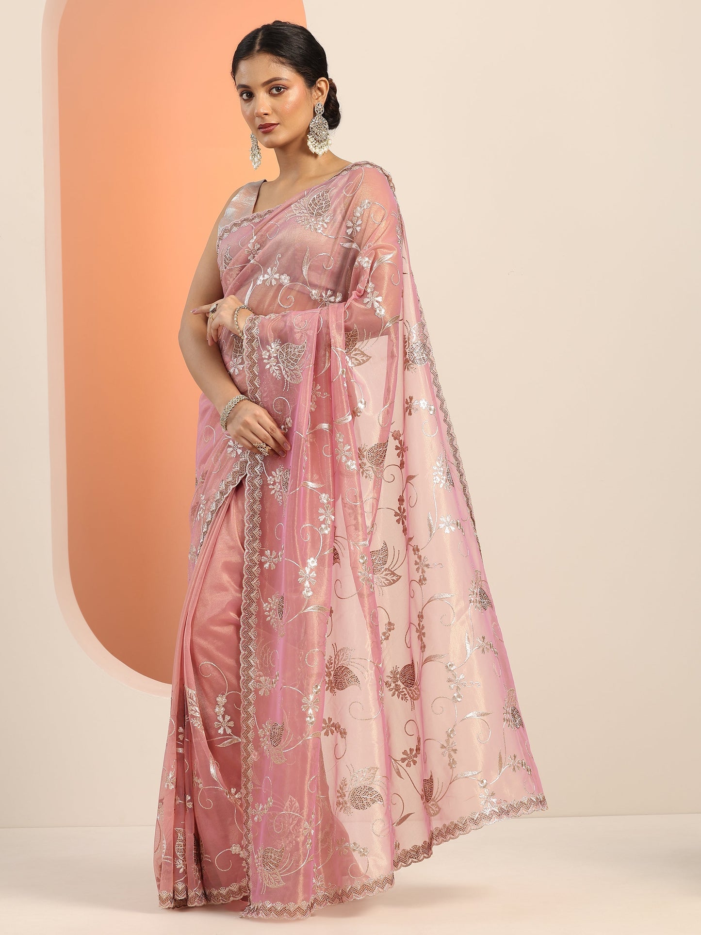 Pink Embroidered Nylon Saree With Unstitched Blouse Piece