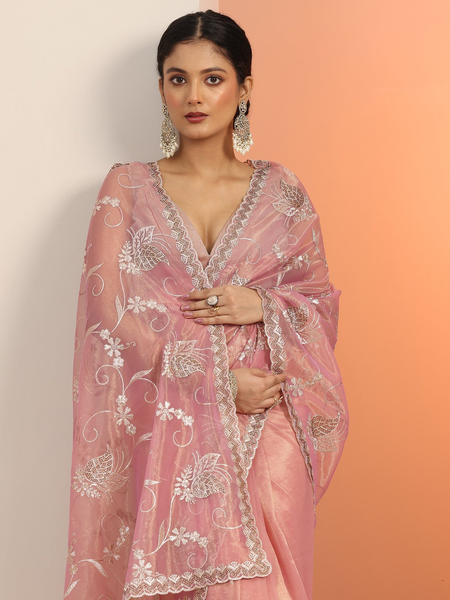 Pink Embroidered Nylon Saree With Unstitched Blouse Piece