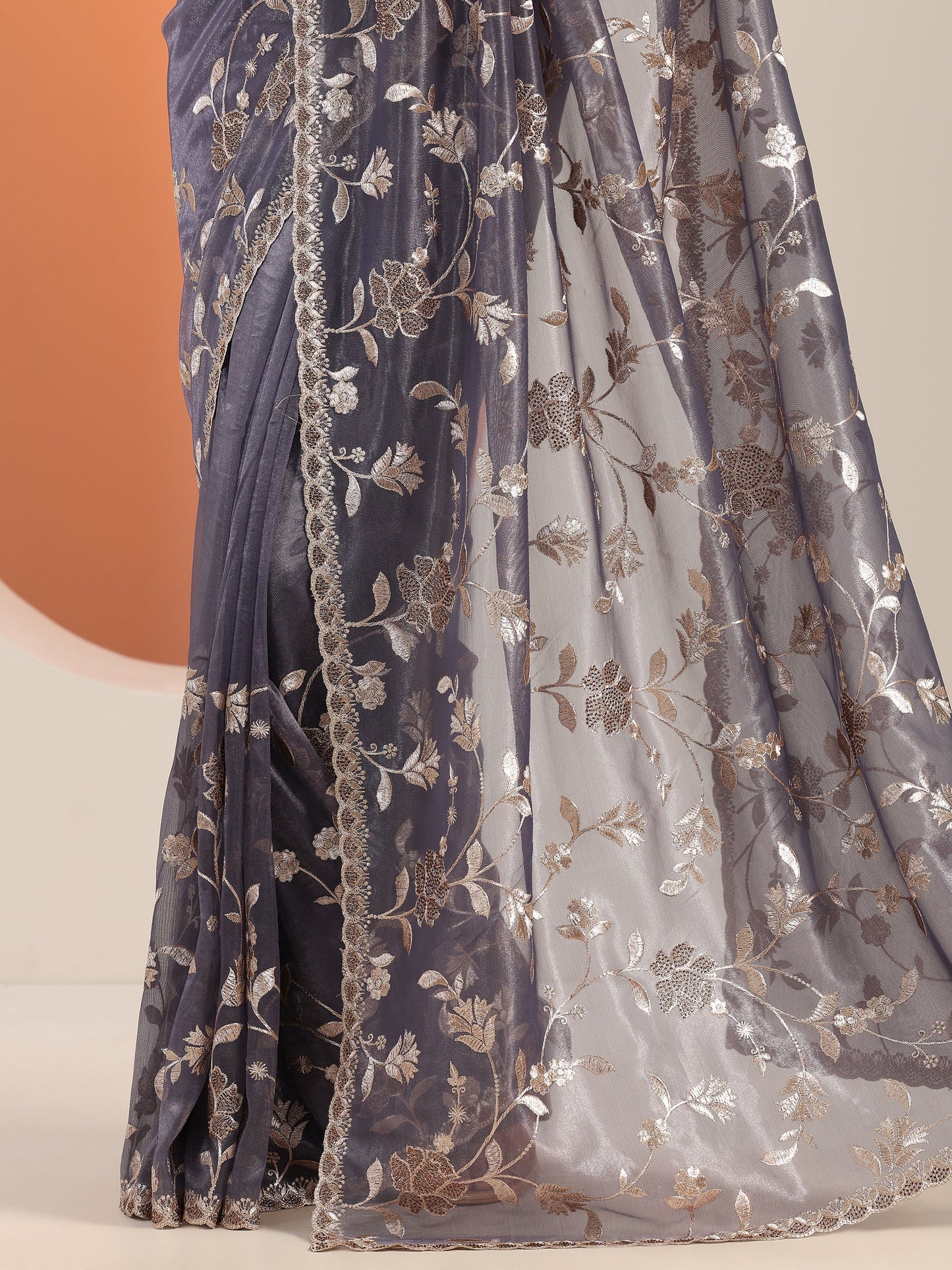 Lavender Embroidered Nylon Saree With Unstitched Blouse Piece