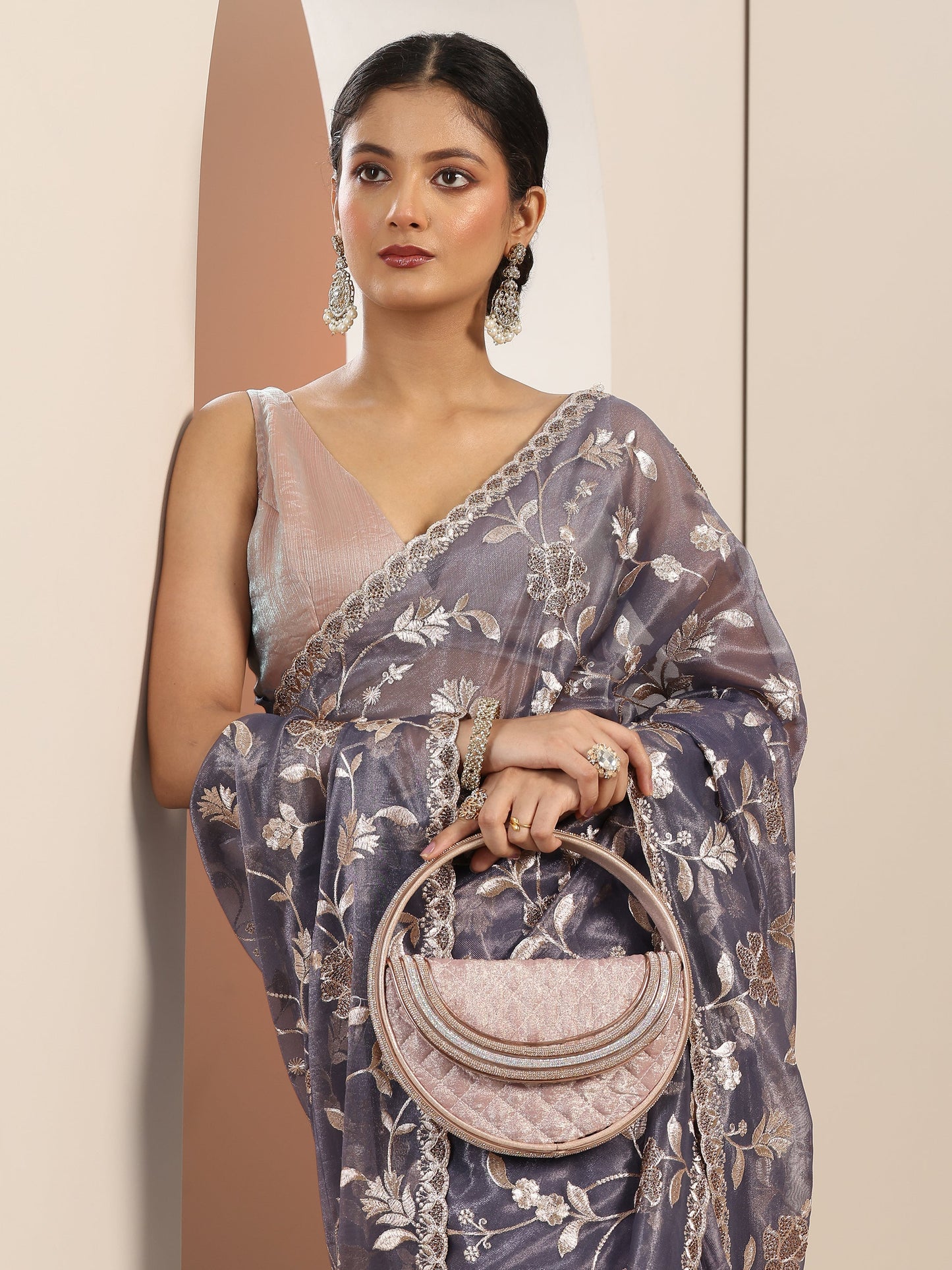 Lavender Embroidered Nylon Saree With Unstitched Blouse Piece