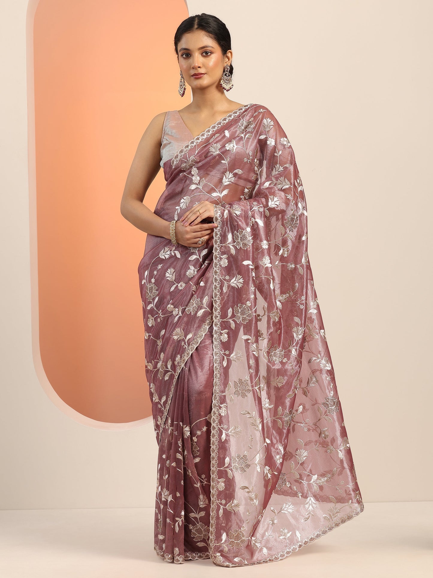 Mauve Embroidered Nylon Saree With Unstitched Blouse Piece