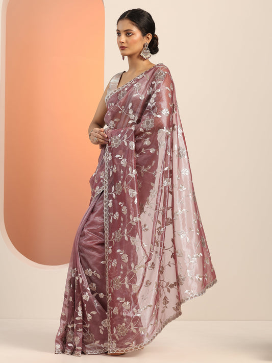 Mauve Embroidered Nylon Saree With Unstitched Blouse Piece