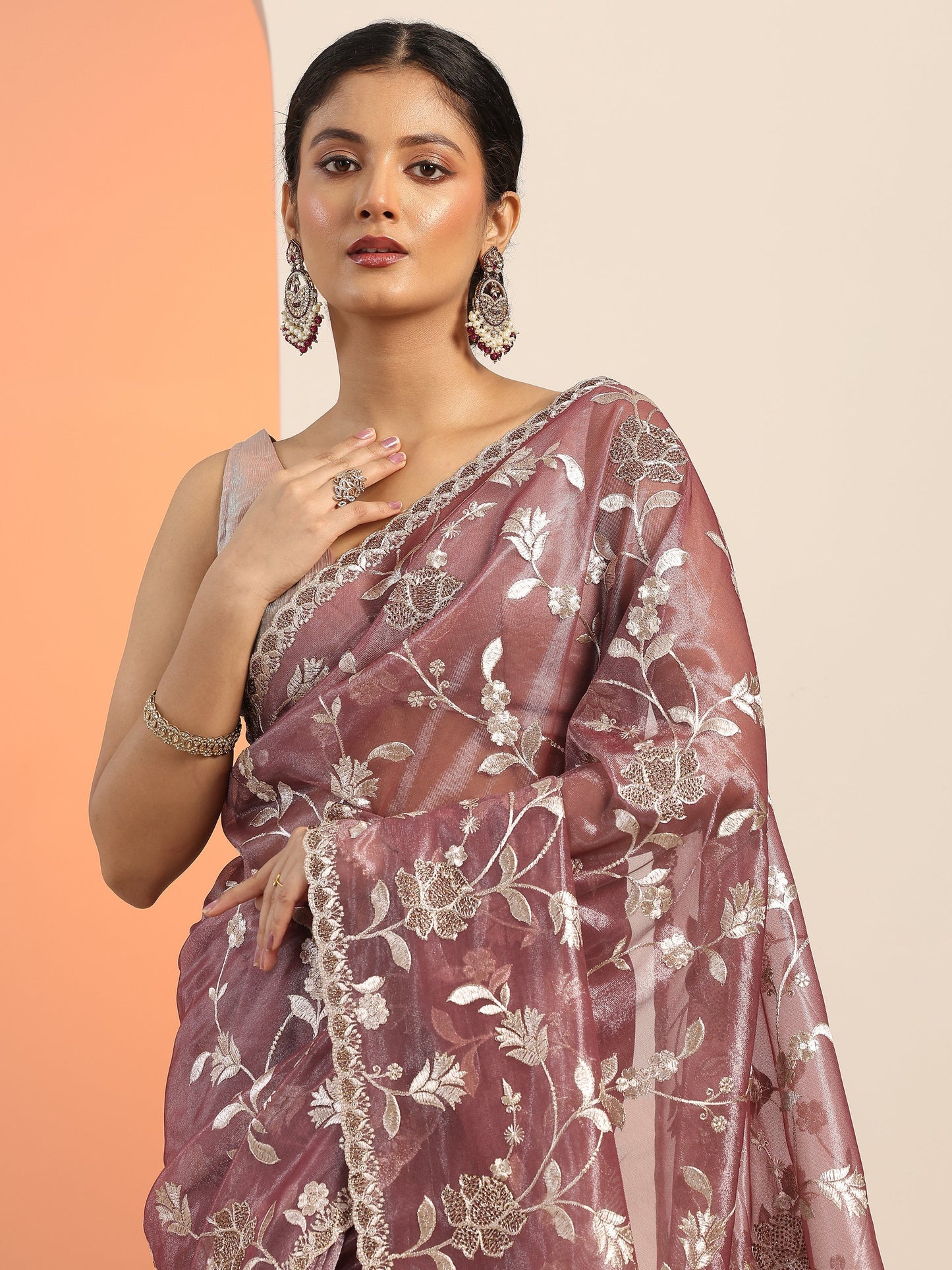 Mauve Embroidered Nylon Saree With Unstitched Blouse Piece