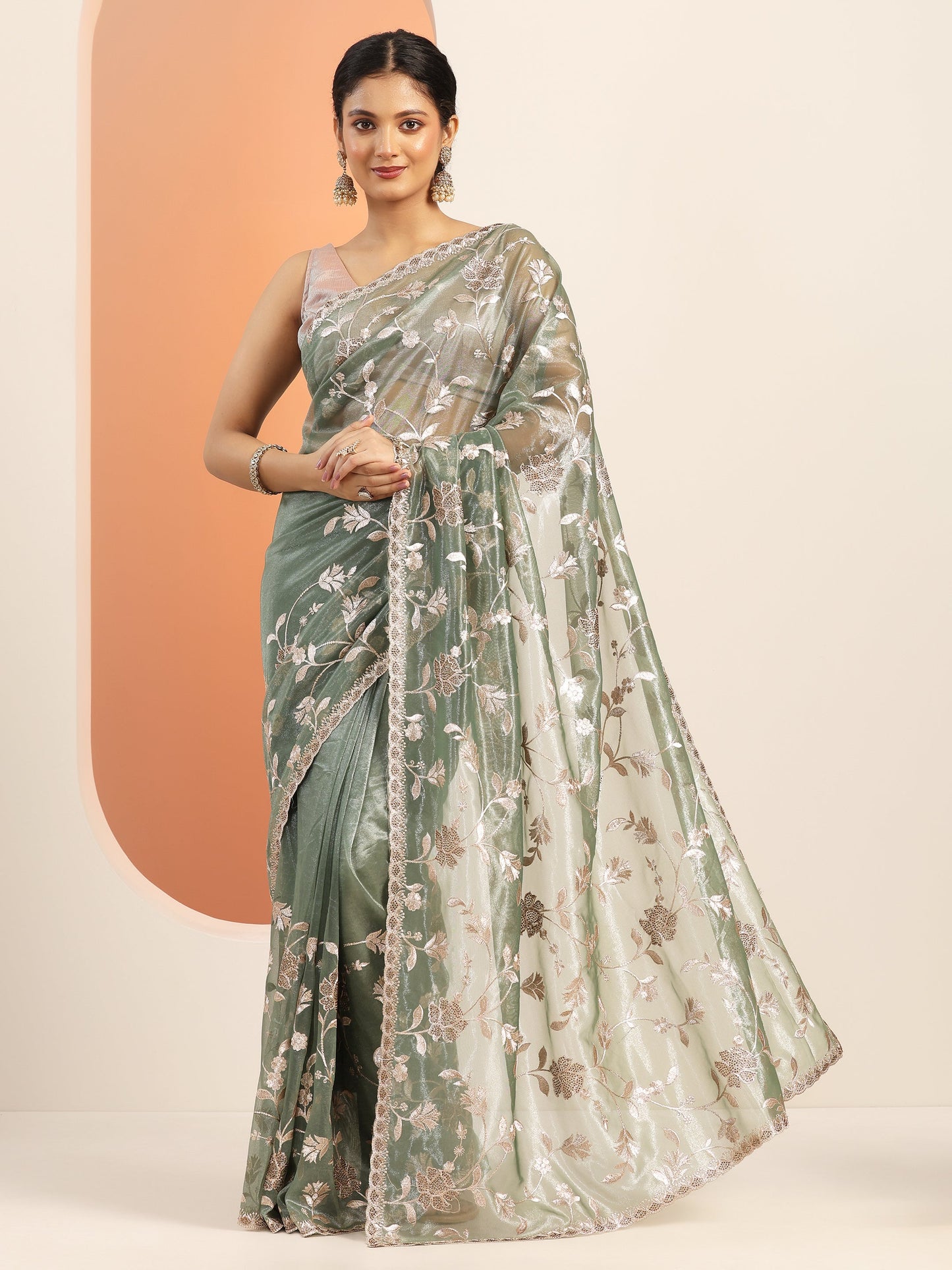 Green Embroidered Nylon Saree With Unstitched Blouse Piece