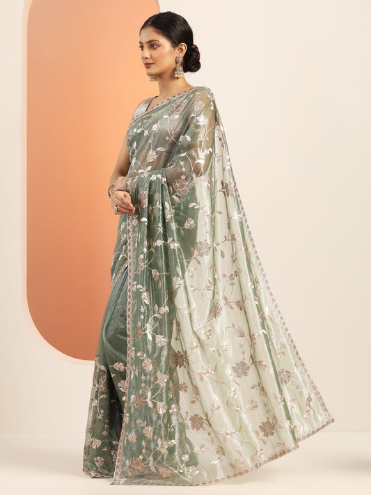 Green Embroidered Nylon Saree With Unstitched Blouse Piece