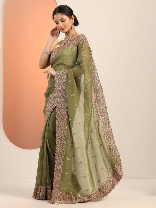Green Embroidered Silk blend Saree With Unstitched Blouse Piece