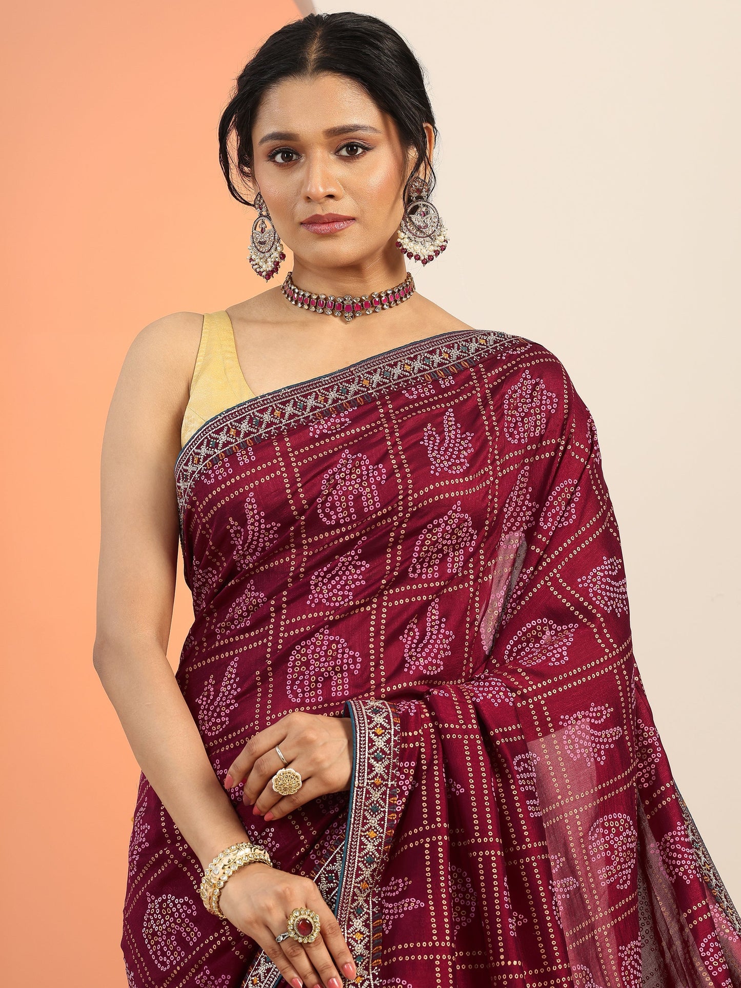 Maroon Printed Silk blend Saree With Unstitched Blouse Piece
