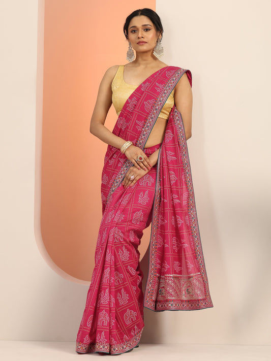 Magenta Printed Silk Blend Saree With Unstitched Blouse Piece