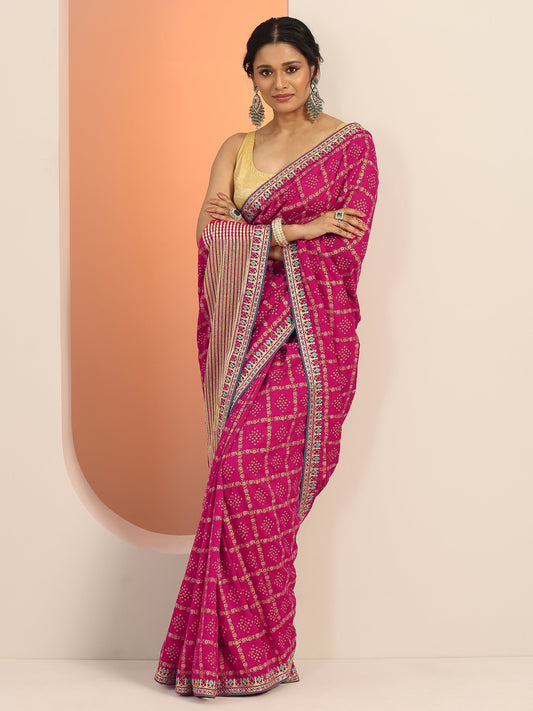 Magenta Printed Silk blend Saree With Unstitched Blouse Piece