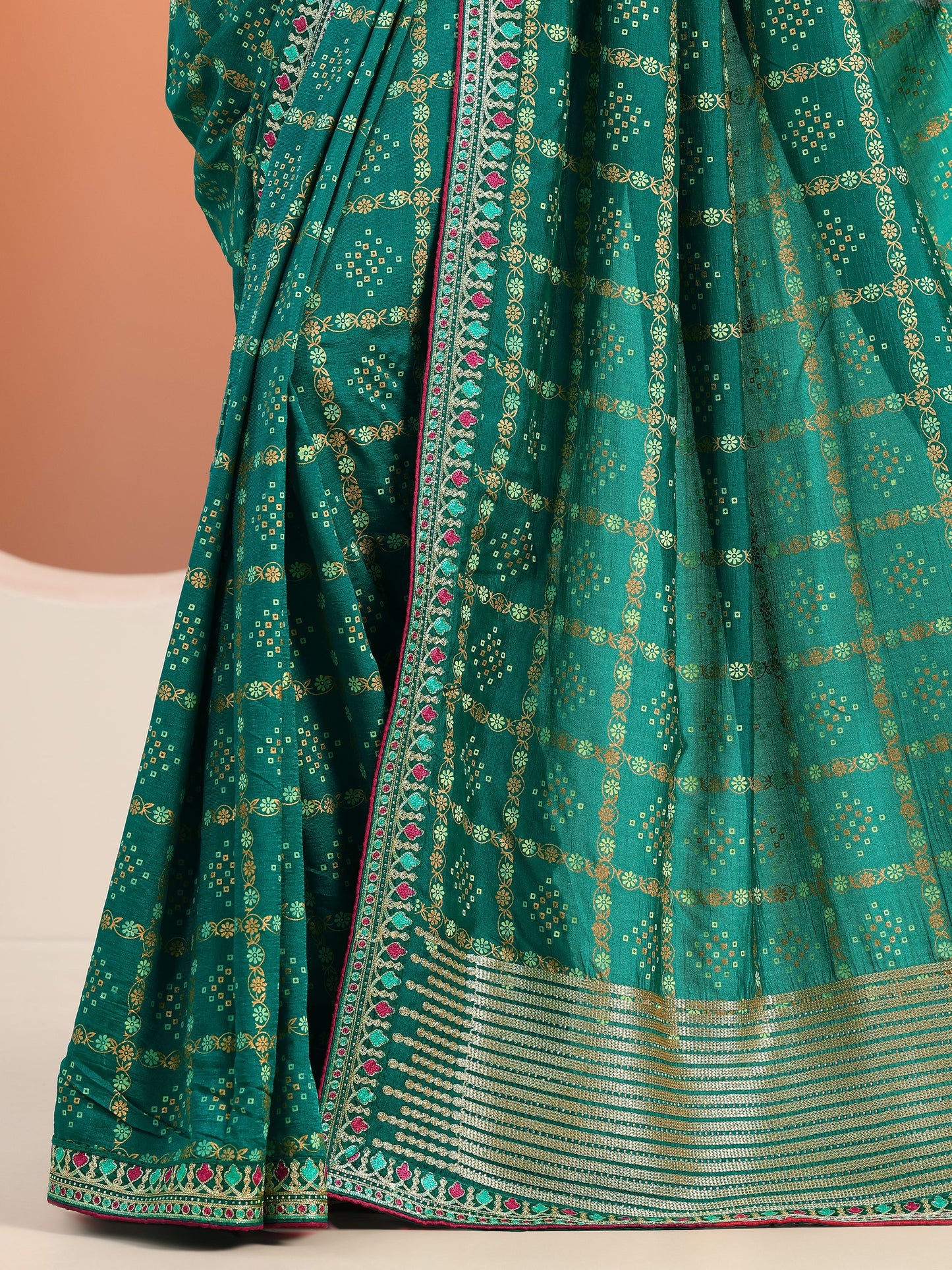 Teal Printed Silk blend Saree With Unstitched Blouse Piece