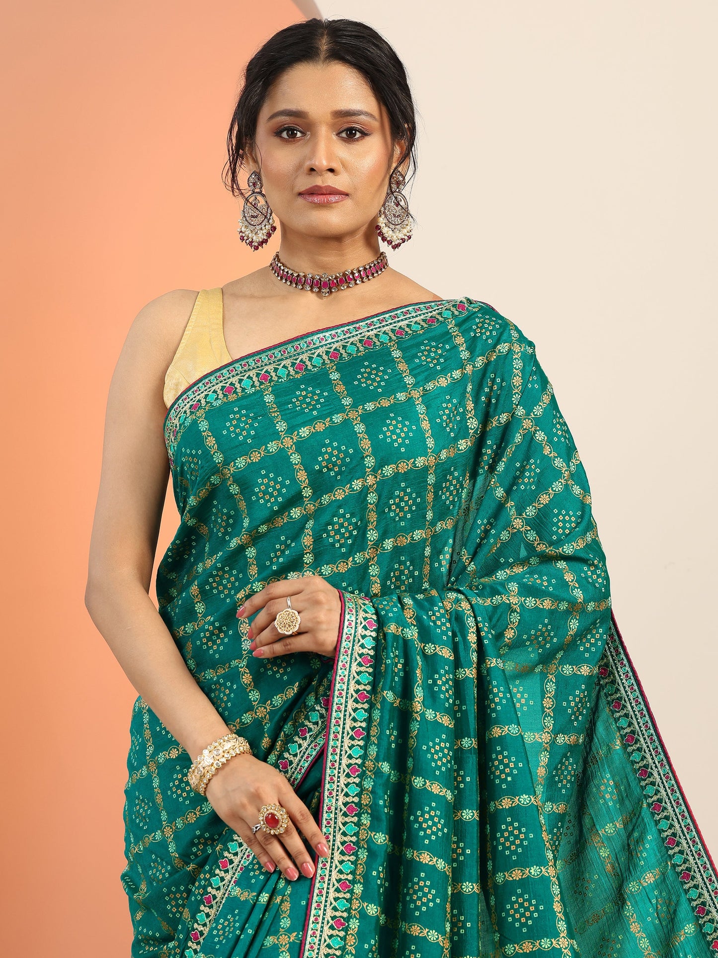 Teal Printed Silk blend Saree With Unstitched Blouse Piece