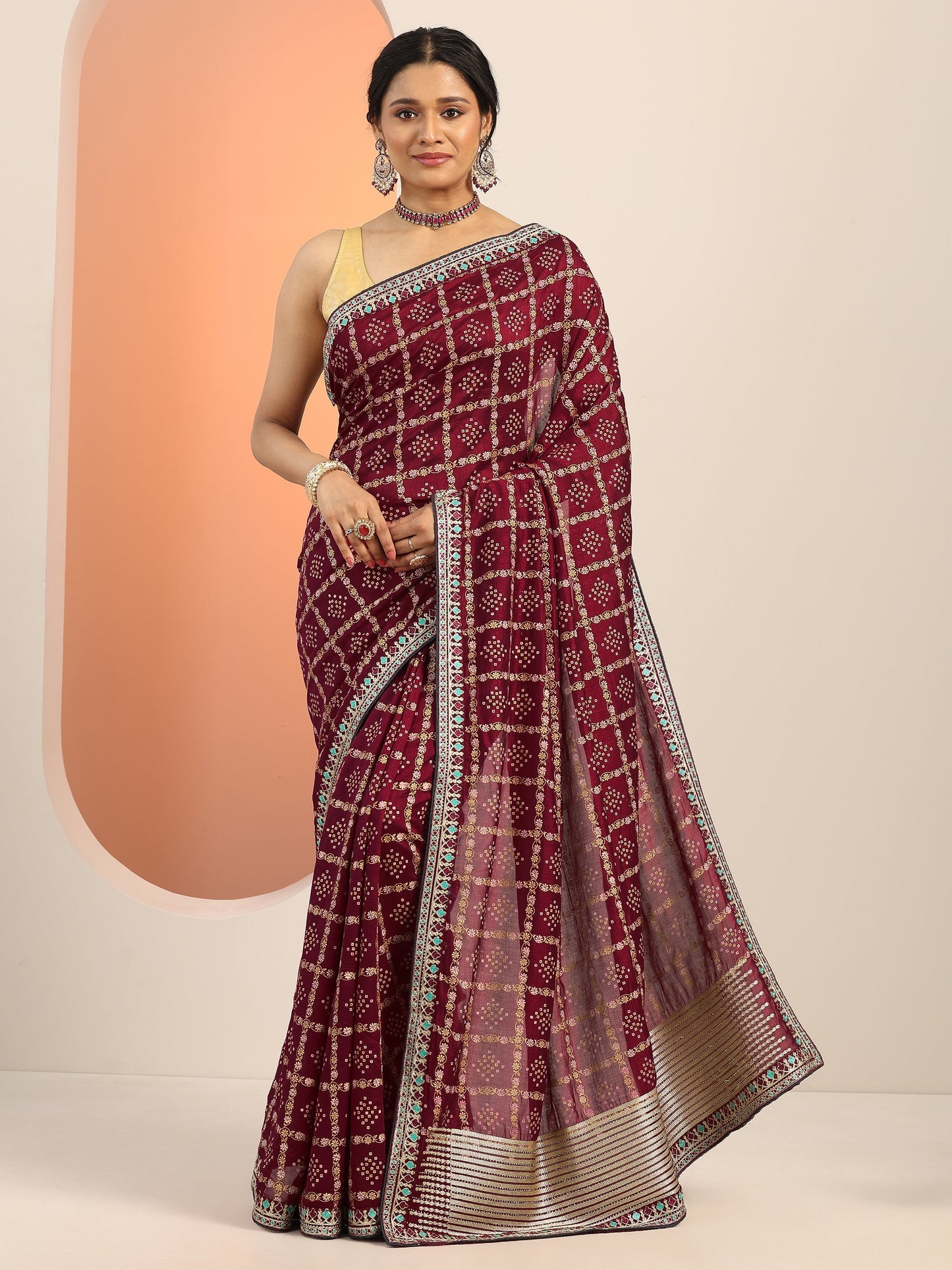 Maroon Printed Silk blend Saree With Unstitched Blouse Piece