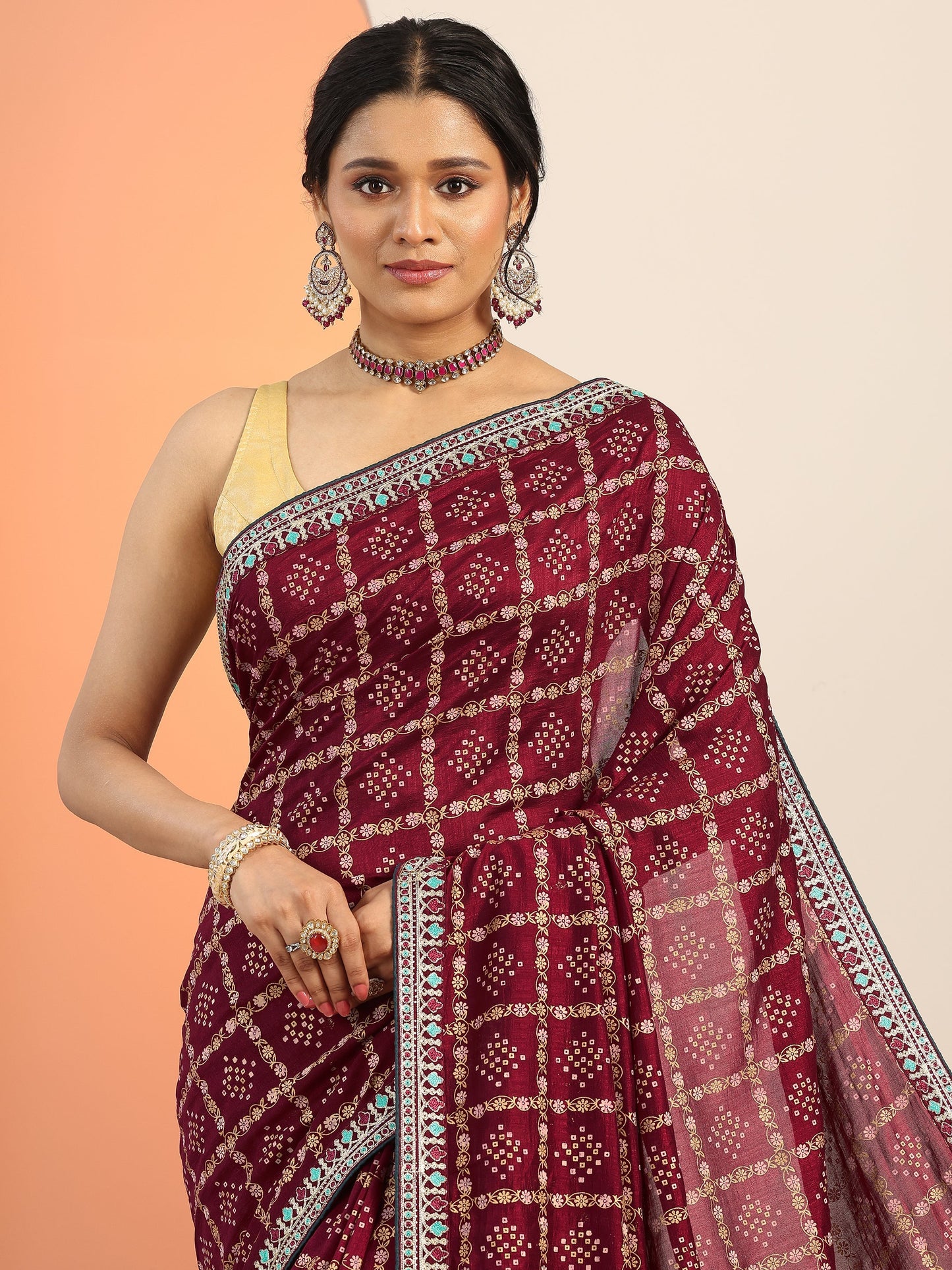Maroon Printed Silk blend Saree With Unstitched Blouse Piece