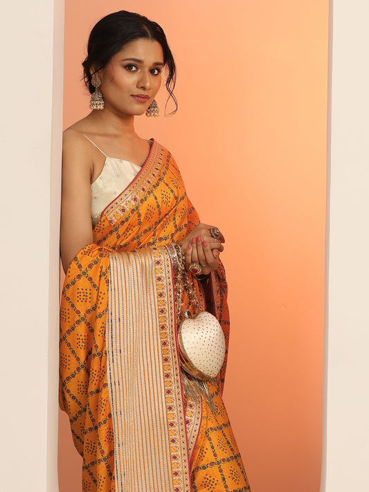 Mustard Printed Silk blend Saree With Unstitched Blouse Piece