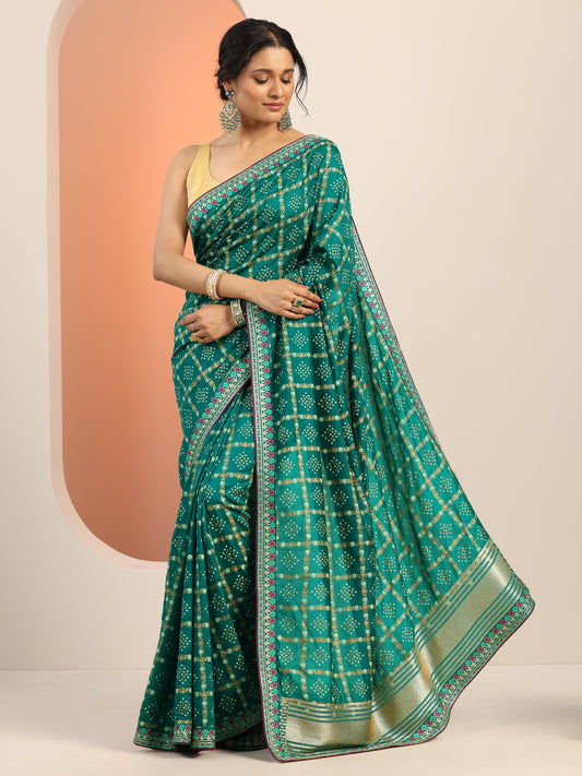 Green Printed Silk blend Saree With Unstitched Blouse Piece