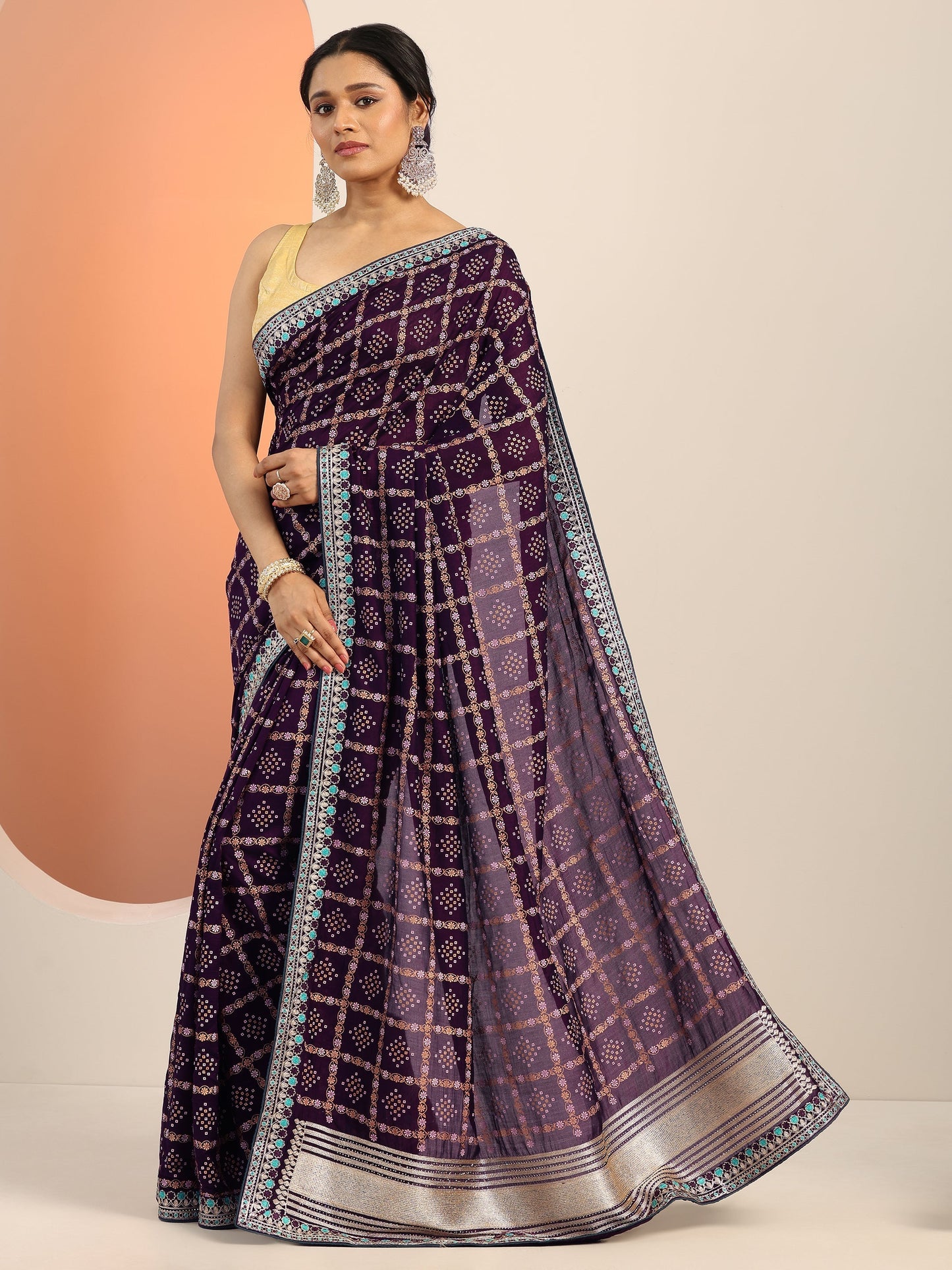 Purple Printed Silk blend Saree With Unstitched Blouse Piece