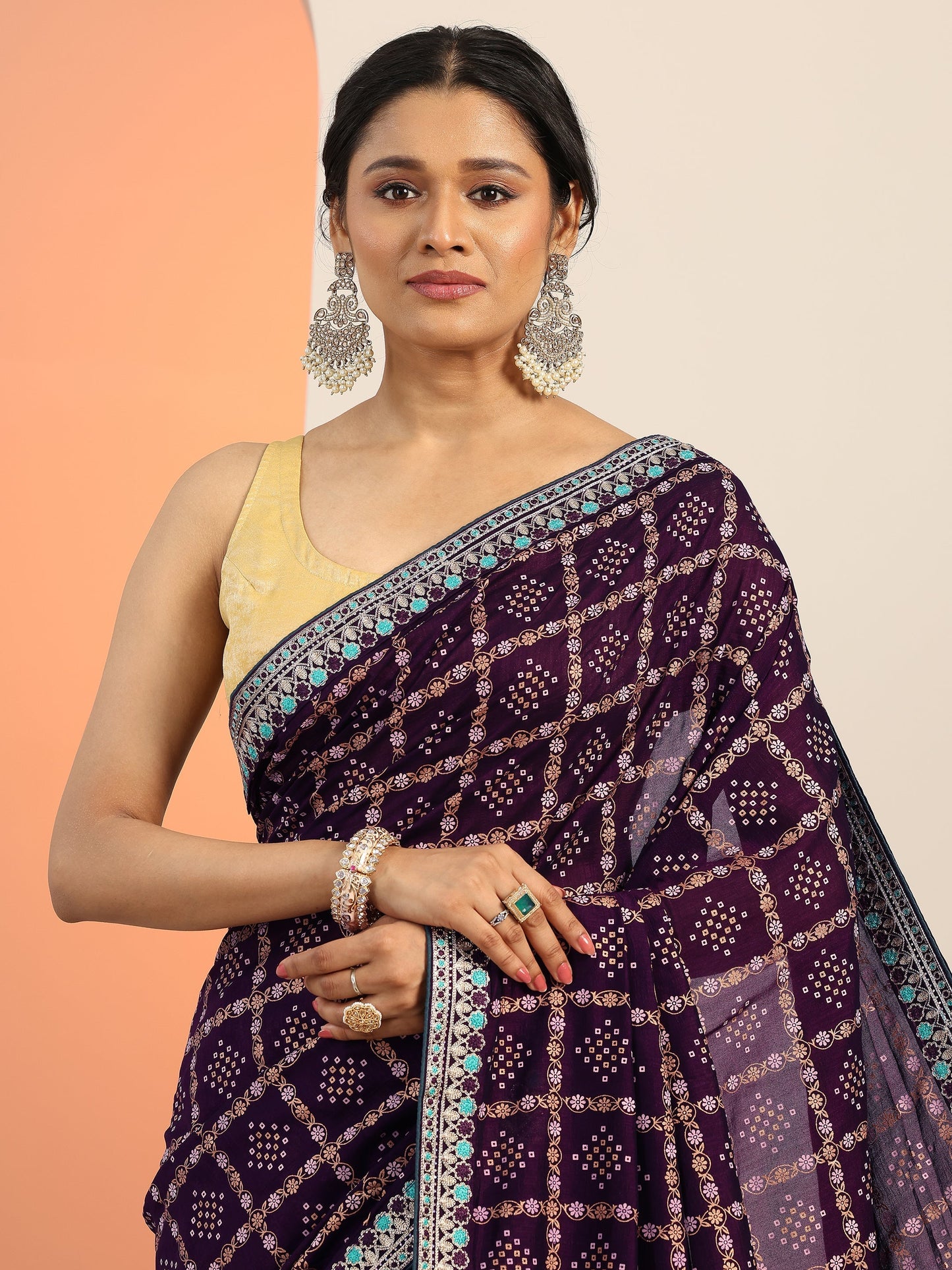 Purple Printed Silk blend Saree With Unstitched Blouse Piece