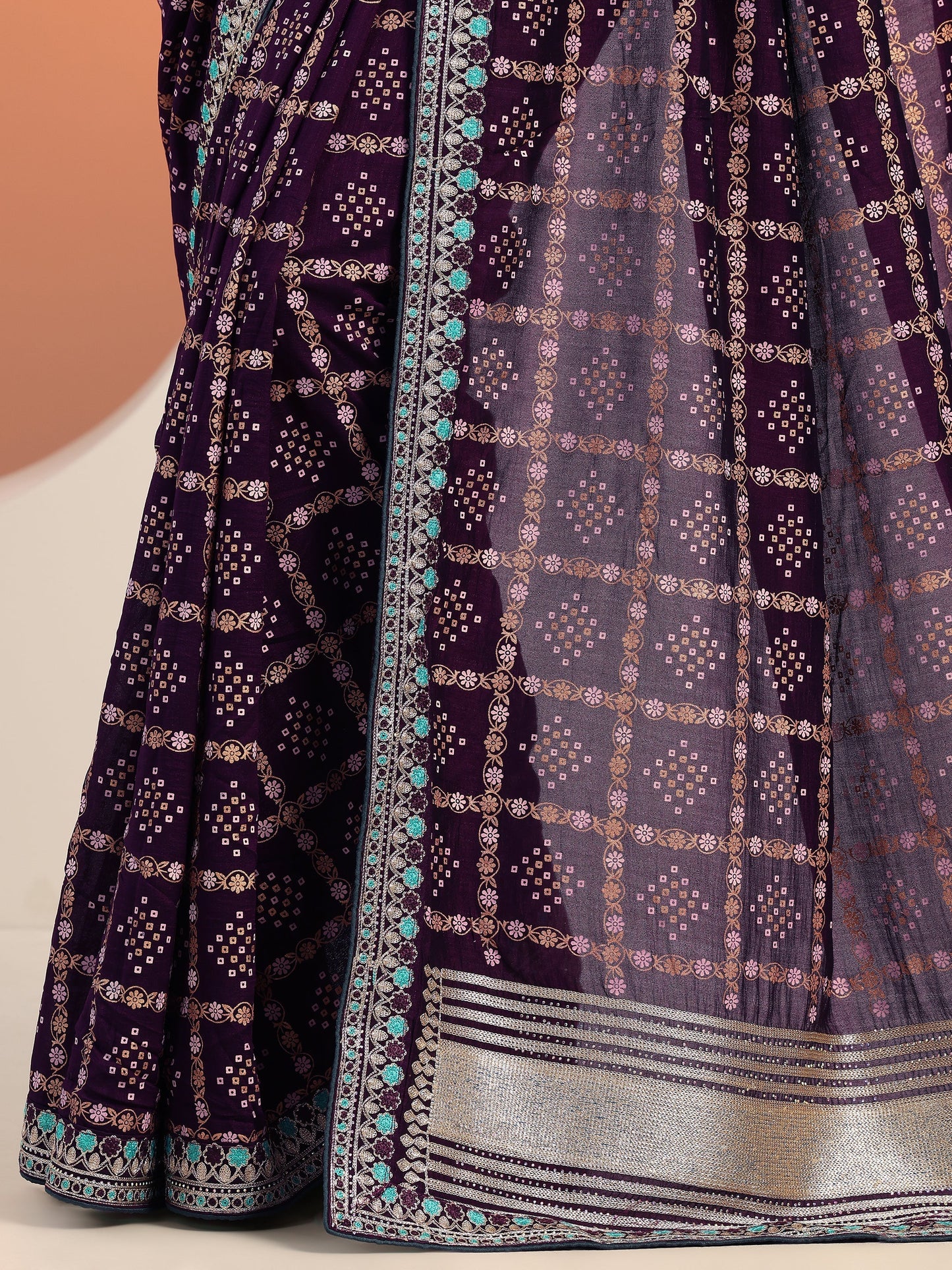 Purple Printed Silk blend Saree With Unstitched Blouse Piece