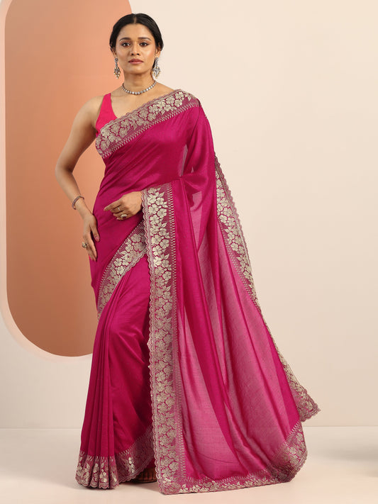 Pink Embellished Silk blend Saree With Unstitched Blouse Piece