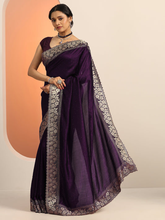 Burgundy Embellished Silk blend Saree With Unstitched Blouse Piece