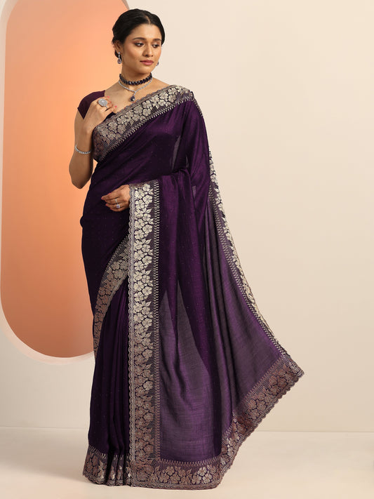 Burgundy Embellished Silk blend Saree With Unstitched Blouse Piece