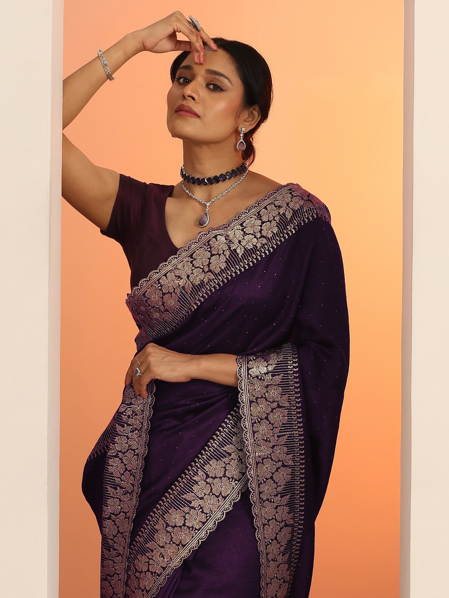 Burgundy Embellished Silk blend Saree With Unstitched Blouse Piece