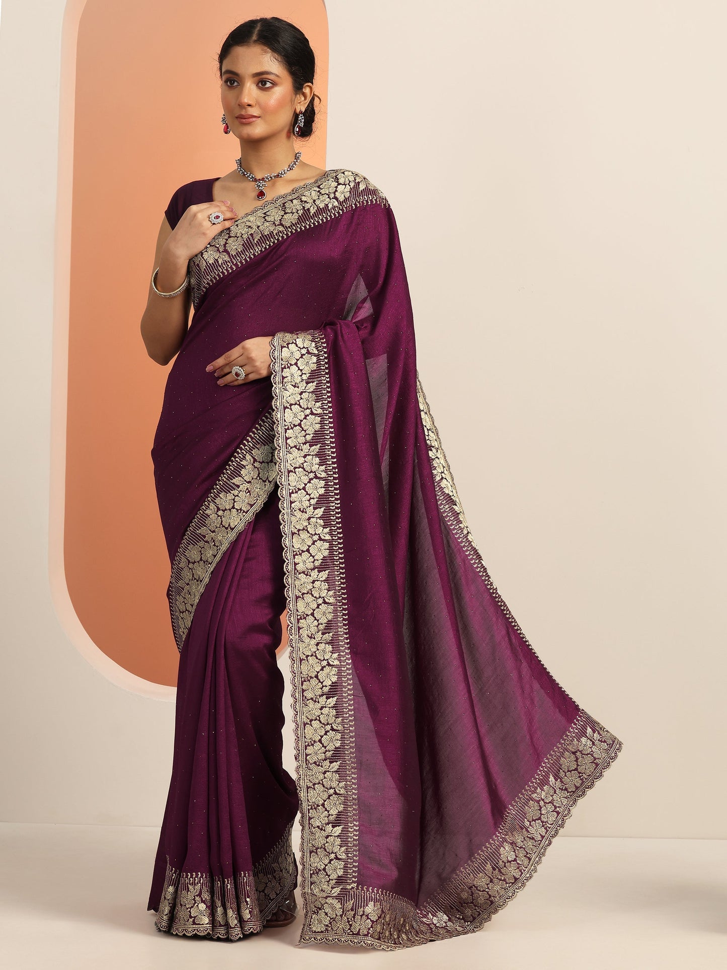 Burgundy Embellished Silk blend Saree With Unstitched Blouse Piece