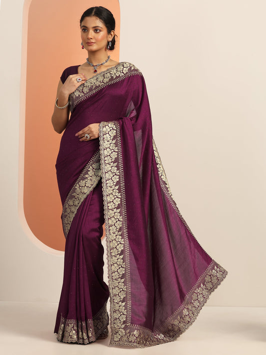 Burgundy Embellished Silk blend Saree With Unstitched Blouse Piece