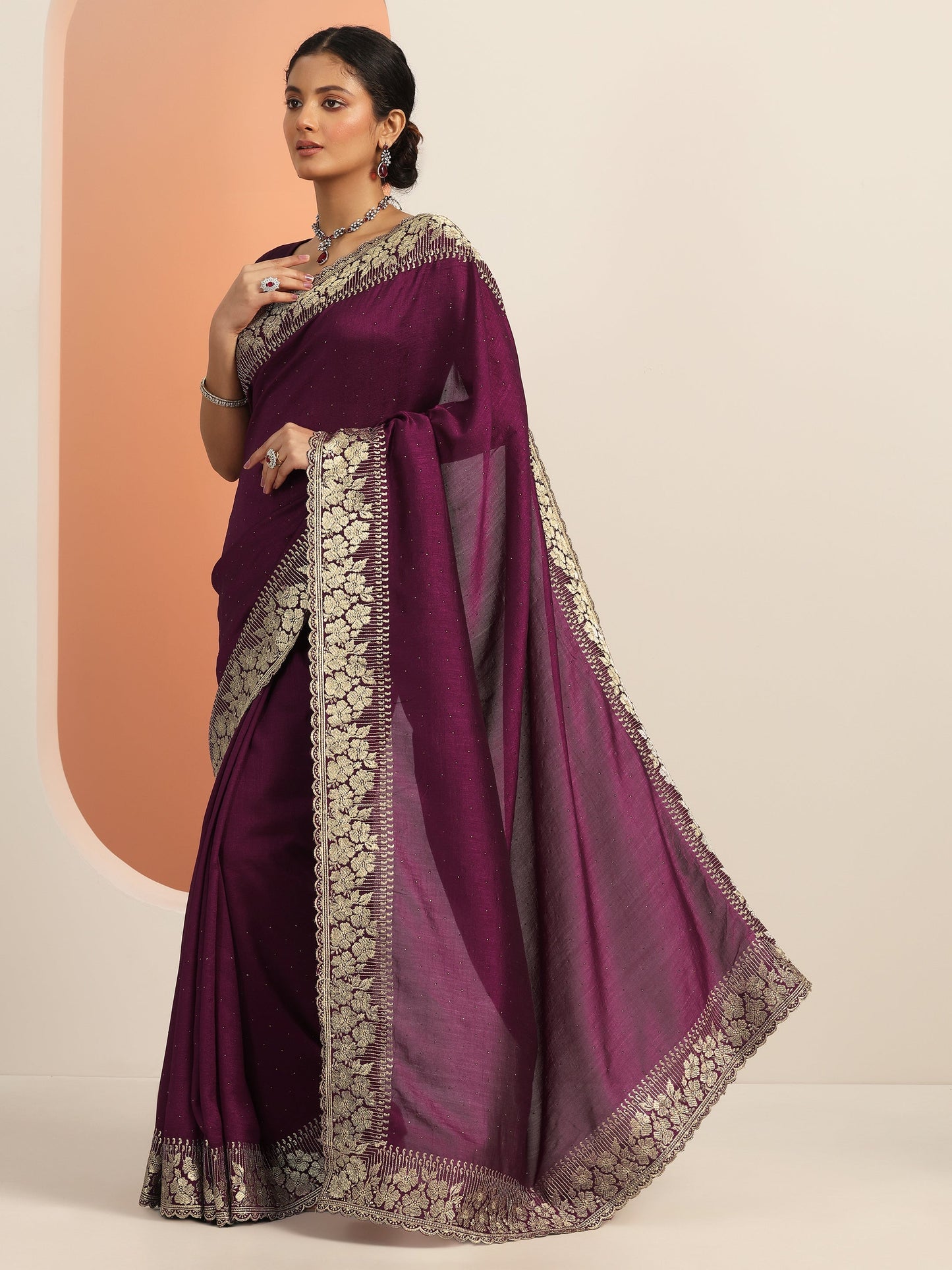 Burgundy Embellished Silk blend Saree With Unstitched Blouse Piece