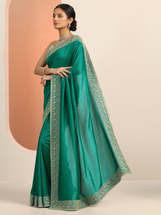Green Embellished Silk blend Saree With Unstitched Blouse Piece