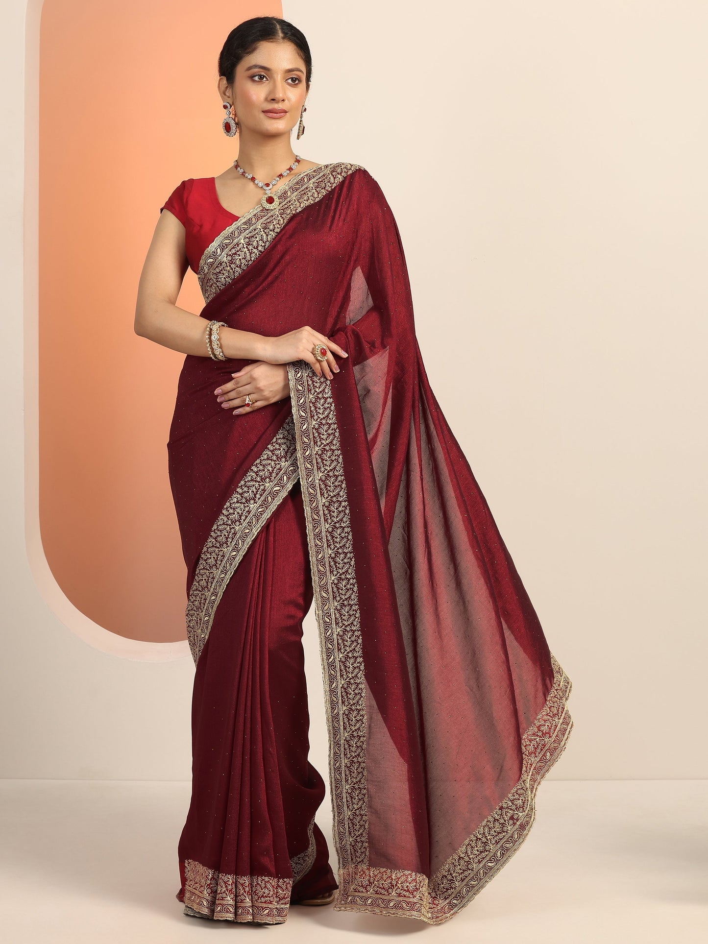 Maroon Embellished Silk blend Saree With Unstitched Blouse Piece