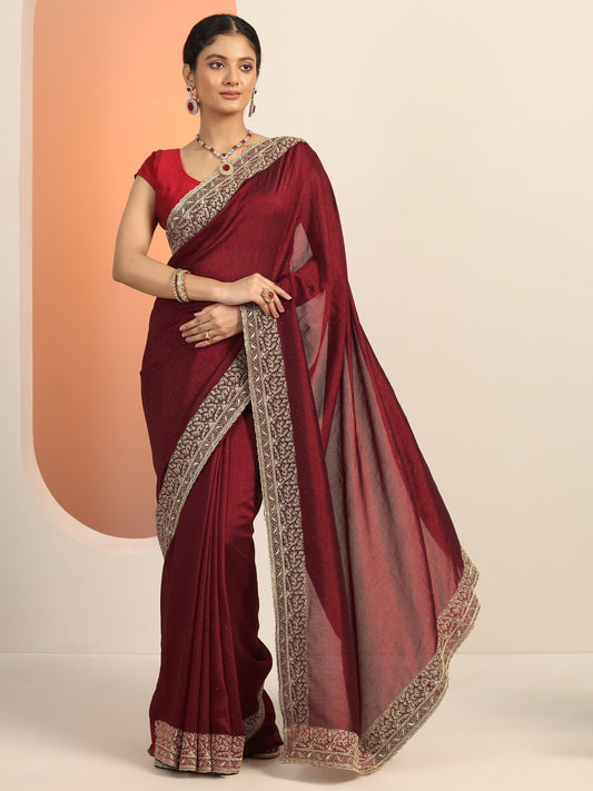 Maroon Embellished Silk blend Saree With Unstitched Blouse Piece