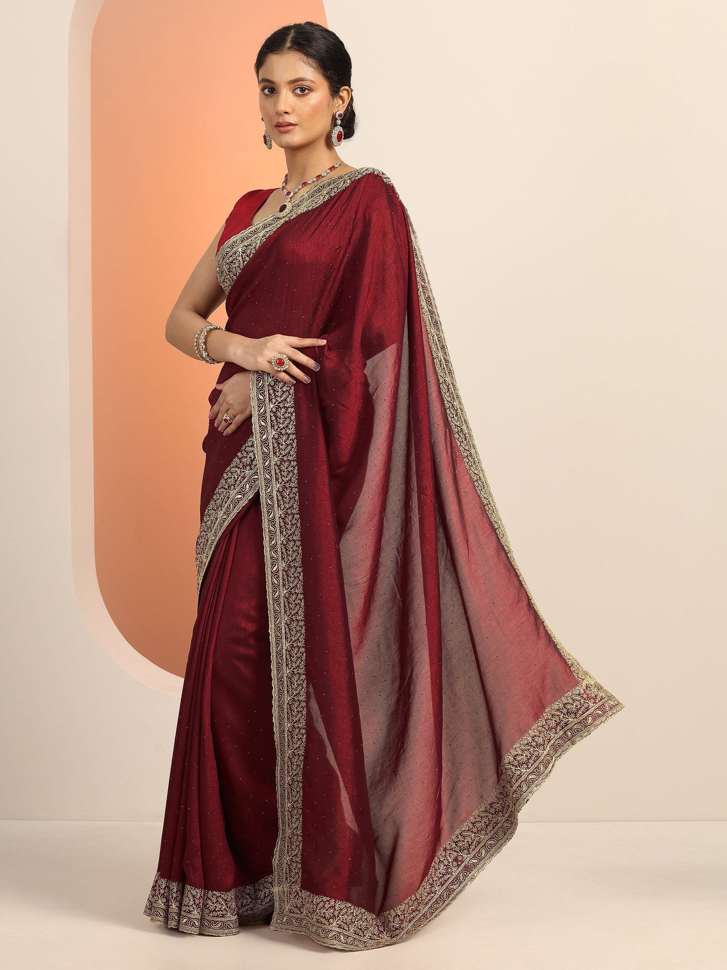 Maroon Embellished Silk blend Saree With Unstitched Blouse Piece