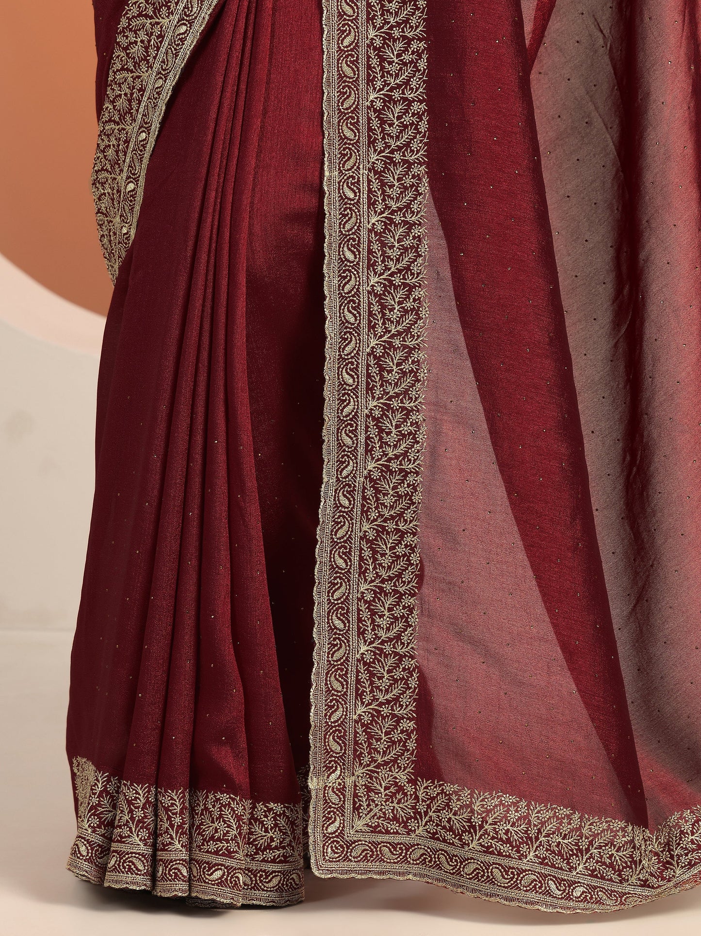 Maroon Embellished Silk blend Saree With Unstitched Blouse Piece