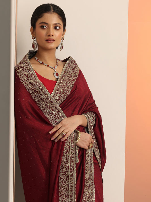 Maroon Embellished Silk blend Saree With Unstitched Blouse Piece