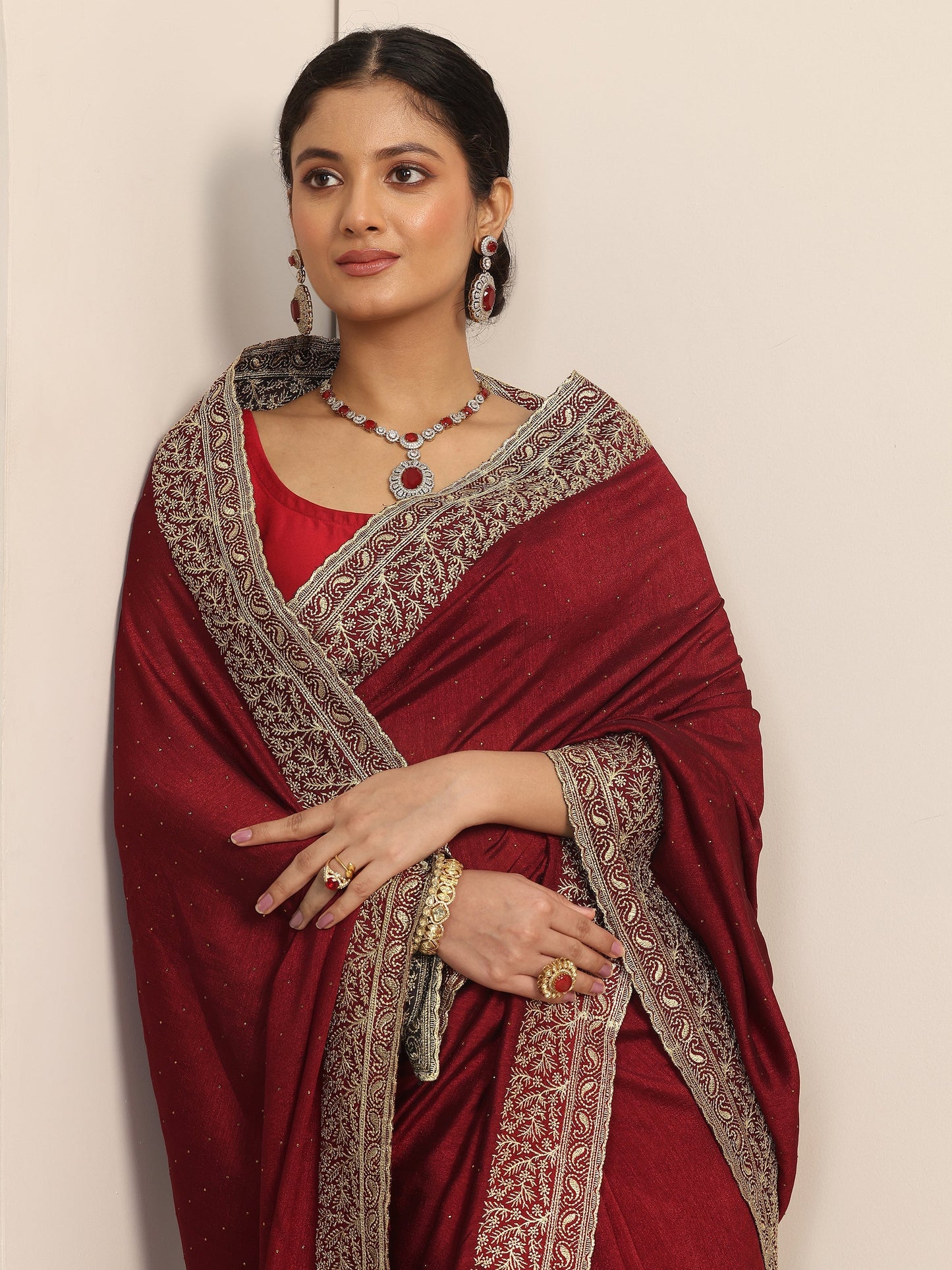 Maroon Embellished Silk blend Saree With Unstitched Blouse Piece