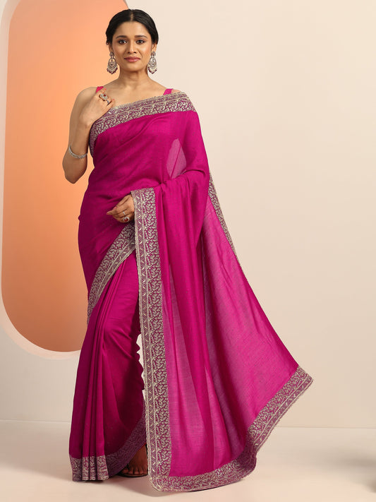 Magenta Embellished Silk blend Saree With Unstitched Blouse Piece