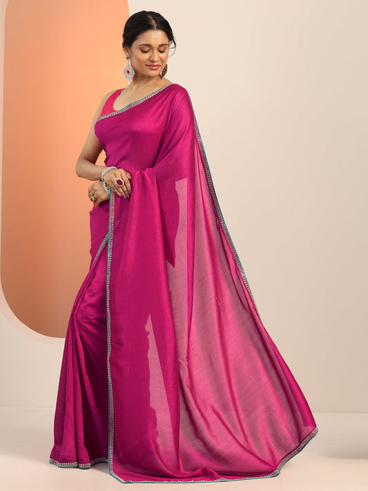 Magenta Solid Silk blend Saree With Unstitched Blouse Piece