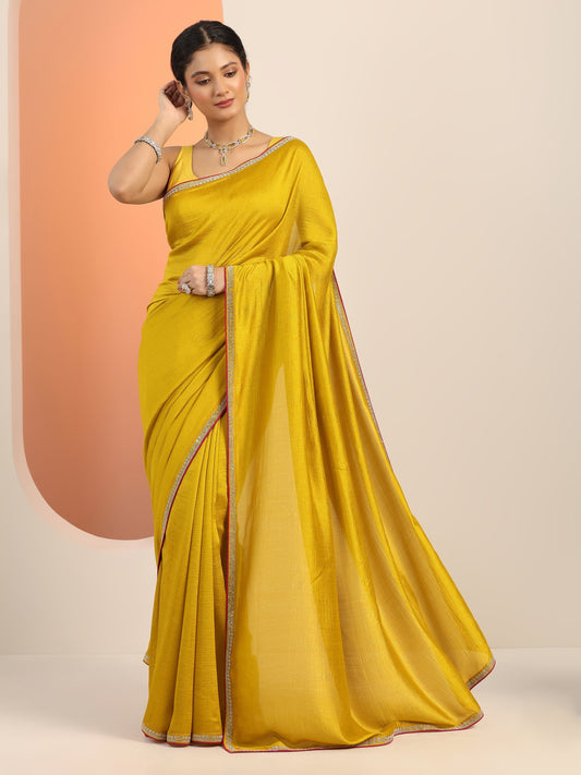 Mustard Solid Silk blend Saree With Unstitched Blouse Piece