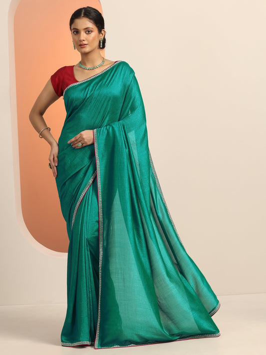 Green Solid Silk blend Saree With Unstitched Blouse Piece