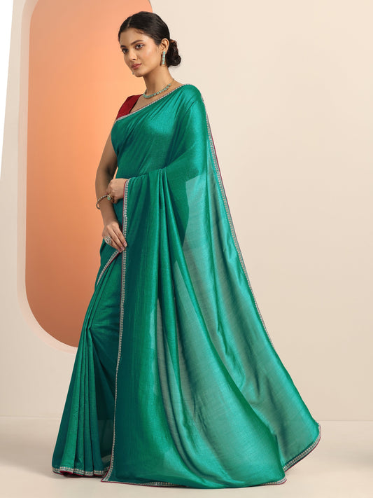 Green Solid Silk blend Saree With Unstitched Blouse Piece