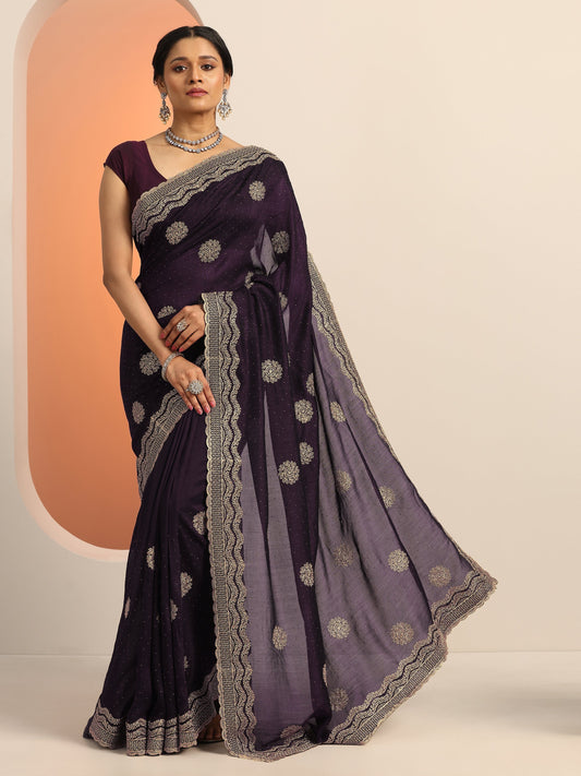 Burgundy Embellished Silk blend Saree With Unstitched Blouse Piece